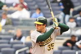 NEW YORK - APRIL 22: Landon Powell #35 of The Oakland Athletics in action against The New York Yankees during their game on April 22, 2009 at Yankee Stadium in the Bronx Borough of New York.  (Photo by Al Bello/Getty Images)