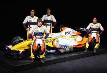 PARIS - JANUARY 31:  Team ING Renault drivers (back L-R) Lucas Di Grassi of Brazil, Romain Grosjean of France, (front L-R) Fernando Alonso of Spain and Nelson Piquet of Brazil pose with the new Renault R28 Formula 1 car in Renault Square   on January 31 2008  in Paris, France  (Photo by Mark Thompson/Getty Images)