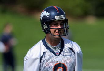 ENGLEWOOD, CO - MAY 03:  Quarterback Kyle Orton #8 particiaptes in practice during Denver Broncos Minicamp at the Broncos training facility on May 3, 2009 in Englewood, Colorado.  (Photo by Doug Pensinger/Getty Images)