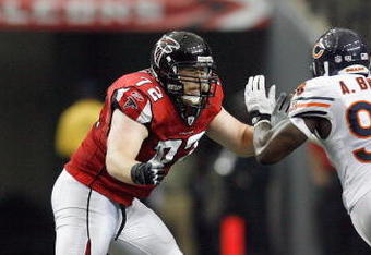 ATLANTA - OCTOBER 12:  Sam Baker #72 of the Atlanta Falcons moves to block Alex Brown #96 of the Chicago Bears at the Georgia Dome on October 12, 2008 in Atlanta, Georgia.  (Photo by Kevin C. Cox/Getty Images)