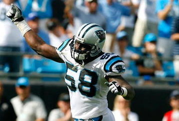 CHARLOTTE, NC - SEPTEMBER 14:  Linebacker Thomas Davis #58 of the Carolina Panthers celebrates a fourth down stop in the final minutes of their 20-17 win over the Chicago Bears at Bank of America Stadium on September 14, 2008 in Charlotte, North Carolina.  (Photo by Kevin C. Cox/Getty Images)