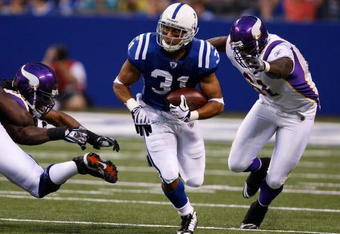 INDIANAPOLIS, IN - AUGUST 14: Running back Donald Brown #31 of the Indianapolis Colts runs with the football against the Minnesota Vikings at Lucas Oil Stadium on August 14, 2009 in Indianapolis, Indiana. (Photo by Scott Boehm/Getty Images)