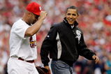 ST LOUIS, MO - JULY 14:  U.S. President Barack Obama walks off of the field with Albert Pujols of the St. Louis Cardinals after throwing out the first pitch at the 2009 MLB All-Star Game at Busch Stadium on July 14, 2009 in St Louis, Missouri.  (Photo by Jamie Squire/Getty Images)