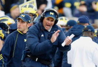 ANN ARBOR, MI - OCTOBER 25:  Head Coach Rich Rodriguez of the Michigan Wolverines watches from the sidelines during the game against the Michigan State Spartans on October 25, 2008 at Michigan Stadium in Ann Arbor, Michigan. Michigan State won the game 35-21. (Photo by Gregory Shamus/Getty Images)