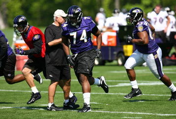 OWINGS MILLS, MARYLAND - MAY 8: Offensive lineman Michael Oher #74 of the Baltimore Ravens seen during minicamp at the practice facility on May 8, 2009 in Owings Mills, Maryland. (Photo by Ned Dishman/Getty Images)