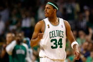 BOSTON - JUNE 08:  Paul Pierce #34 of the Boston Celtics reacts in Game Two of the 2008 NBA Finals against the Los Angeles Lakers on June 8, 2008 at TD Banknorth Garden in Boston, Massachusetts. NOTE TO USER: User expressly acknowledges and agrees that, by downloading and/or using this Photograph, user is consenting to the terms and conditions of the Getty Images License Agreement.  (Photo by Kevin C. Cox/Getty Images)