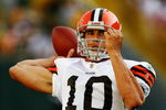 GREEN BAY, WI - AUGUST 15:  Quarterback Brady Quinn #10 of the Cleveland Browns throws the ball before taking on the Green Bay Packers during the preseason game at Lambeau Field on August 15, 2009 in Green Bay, Wisconsin. (Photo by Jonathan Daniel/Getty Images)