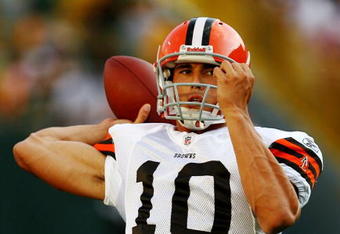 GREEN BAY, WI - AUGUST 15:  Quarterback Brady Quinn #10 of the Cleveland Browns throws the ball before taking on the Green Bay Packers during the preseason game at Lambeau Field on August 15, 2009 in Green Bay, Wisconsin. (Photo by Jonathan Daniel/Getty Images)