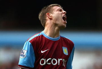 BIRMINGHAM, ENGLAND - AUGUST 15:  James Milner of Aston Villa looks dejected after missing a shot on goal during the Barclays Premier League match between Aston Villa and Wigan Athletic at Villa Park on August 15, 2009 in Birmingham, England.  (Photo by Ryan Pierse/Getty Images)