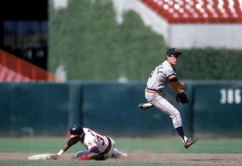 ANAHEIM, CA - 1986:  Alan Trammell #3 of the Detroit Tigers throws to first base during a game in the 1986 season against the California Angels at Anaheim Stadium in Anaheim, California.  (Photo by Rick Stewart/Getty Images)