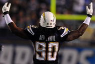 SAN DIEGO - AUGUST 15: Antwan Applewhite #90 of the San Diego Chargers celebrates a good play while playing the Seattle Seahawks on August 15, 2009 in San Diego, California. (Photo by Jacob de Golish/Getty Images)