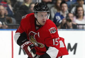TORONTO - APRIL 11:  Dany Heatley #15 of the Ottawa Senators skates with the puck in a game against the Toronto Maple Leafs on April 11, 2009 at the Air Canada Centre in Toronto, Ontario. The Leafs defeated the Senators on the strength of a 3 goal performance by Boyd Devereaux #22. (Photo by Claus Andersen/Getty Images) 