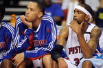 AUBURN HILLS, MI - APRIL 26:  (L-R) Tayshaun Prince #22 and Richard Hamilton #32 of the Detroit Pistons sit on the bench in Game Four of the Eastern Conference Quarterfinals against the Cleveland Cavaliers during the 2009 NBA Playoffs at the Palace of Auburn Hills on April 26, 2009 in Auburn Hills, Michigan.  The Cavaliers won 99-78.  NOTE TO USER: User expressly acknowledges and agrees that, by downloading and or using this photograph, User is consenting to the terms and conditions of the Getty Images License Agreement.  (Photo by Gregory Shamus/Getty Images)
