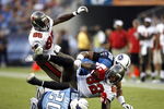 NASHVILLE, TN - AUGUST 15: Kellen Winslow #82 of the Tampa Bay Buccaneers is tackled by Nick Harper #20 of the Tennessee Titans during a preseason NFL game at LP Field on August 15, 2009 in Nashville, Tennessee. (Photo by Joe Murphy/Getty Images)