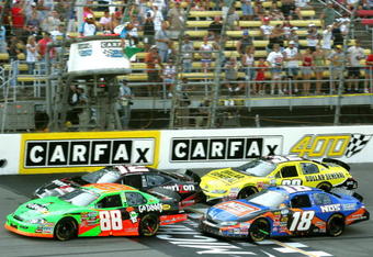 BROOKLYN, MI - AUGUST 15:  Brad Kesolowski driver of the #88 leads Justin Allgaier driver of the #12 Verizon Wireless Dodge, Kyle Busch driver of  the #18 NOS Energy drink Toyota and Brian Vickers driver of the #32 Dollar General Toyota during the NASCAR Nationwide Series at Michigan International Speedway on August 15, 2009 in Brooklyn, Michigan.  (Photo by Jerry Markland/Getty Images for NASCAR)