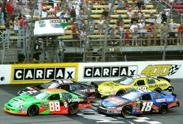 BROOKLYN, MI - AUGUST 15:  Brad Kesolowski driver of the #88 leads Justin Allgaier driver of the #12 Verizon Wireless Dodge, Kyle Busch driver of  the #18 NOS Energy drink Toyota and Brian Vickers driver of the #32 Dollar General Toyota during the NASCAR Nationwide Series at Michigan International Speedway on August 15, 2009 in Brooklyn, Michigan.  (Photo by Jerry Markland/Getty Images for NASCAR)