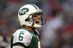 EAST RUTHERFORD, NJ - AUGUST 14:  Mark Sanchez #6 of the New York Jets celebrates a completion against the St. Louis Rams during their preseason game at Giants Stadium on August 14, 2009  in East Rutherford, New Jersey.  (Photo by Nick Laham/Getty Images)
