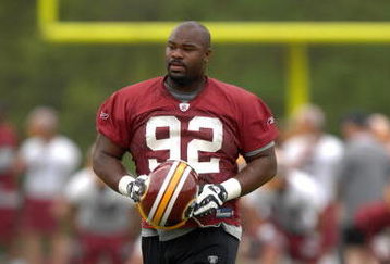 ASHBURN, VA - MAY 1:  Albert Haynesworth #92 of the Washington Redskins walks to drills during minicamp on May 1, 2009 at Redskins Park in Ashurn, Virginia.   (Photo by Mitchell Layton/Getty Images)