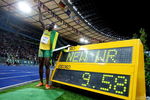 BERLIN - AUGUST 16:  Usain Bolt of Jamaica celebrates winning the gold medal in the men's 100 Metres Final during day two of the 12th IAAF World Athletics Championships at the Olympic Stadium on August 16, 2009 in Berlin, Germany. Bolt set a new World Record of 9.58.  (Photo by Mark Dadswell/Getty Images)