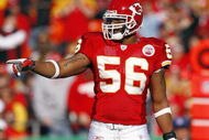 KANSAS CITY, MO - NOVEMBER 25: Derrick Johnson #56 of the Kansas City Chiefs points on the field during the game on November 25, 2007 against the Oakland Raiders at Arrowhead Stadium in Kansas City, Missouri. (Photo by Jamie Squire/Getty Images) 