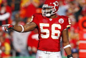 KANSAS CITY, MO - NOVEMBER 25: Derrick Johnson #56 of the Kansas City Chiefs points on the field during the game on November 25, 2007 against the Oakland Raiders at Arrowhead Stadium in Kansas City, Missouri. (Photo by Jamie Squire/Getty Images) 