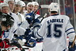 NEWARK, NJ - OCTOBER 29:  Tomas Kaberle #15 of the Toronto Maple Leafs skates to the bench during the game against the New Jersey Devils on October 29, 2008 at Prudential Center in Newark, New Jersey. (Photo by Bruce Bennett/Getty Images)