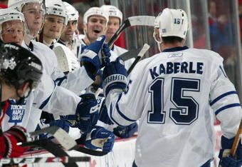 NEWARK, NJ - OCTOBER 29:  Tomas Kaberle #15 of the Toronto Maple Leafs skates to the bench during the game against the New Jersey Devils on October 29, 2008 at Prudential Center in Newark, New Jersey. (Photo by Bruce Bennett/Getty Images)