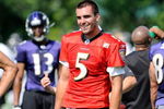 WESTMINSTER, MD - JULY 28:  Joe Flacco #5 of the Baltimore Ravens watches practice during training camp at McDaniel College on July 28, 2009 in Westminster, Maryland.  (Photo by Greg Fiume/Getty Images)