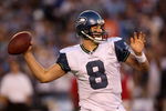 SAN DIEGO - AUGUST 15:  Quarterback Matt Hasselbeck #8 of the Seattle Seahawks throws a pass against the San Diego Chargers on August 15, 2009 at Qualcomm Stadium in San Diego, California.    (Photo by Stephen Dunn/Getty Images)