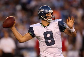 SAN DIEGO - AUGUST 15:  Quarterback Matt Hasselbeck #8 of the Seattle Seahawks throws a pass against the San Diego Chargers on August 15, 2009 at Qualcomm Stadium in San Diego, California.    (Photo by Stephen Dunn/Getty Images)