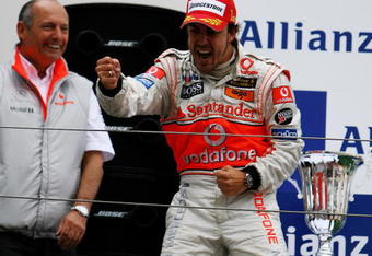 NURBURG, GERMANY - JULY 22:  Fernando Alonso (R) of Spain and McLaren Mercedes celebrates with team principal Ron Dennis (L) after winning the European Grand Prix at Nurburgring on July 22, 2007 in Nurburg, Germany.  (Photo by Paul Gilham/Getty Images)