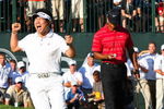 CHASKA, MN - AUGUST 16:  (L-R) Y.E. Yang of South Korea celebrates a birdie putt on the 18th green alongside Tiger Woods during the final round of the 91st PGA Championship at Hazeltine National Golf Club on August 16, 2009 in Chaska, Minnesota.  (Photo by David Cannon/Getty Images)