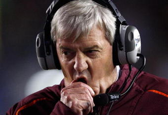 CHESTNUT HILL, MA - OCTOBER 18:  Coach Frank Beamer of the Virginia Tech Hokies reacts against the Boston College Eagles on October 18, 2008 at Alumni Stadium in Chestnut Hill, Massachusetts.(Photo by Jim Rogash/Getty Images)