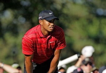 CHASKA, MN - AUGUST 16:  Tiger Woods reacts to his poor tee shot on the 17th hole during the final round of the 91st PGA Championship at Hazeltine National Golf Club on August 16, 2009 in Chaska, Minnesota.  (Photo by Jamie Squire/Getty Images)