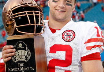 JACKSONVILLE, FL - JANUARY 1:  Quarterback Joe Ganz #12 of the Nebraska Cornhuskers holds the MVP trophy following the Konica Minolta Gator Bowl against the Clemson Tigers at Jacksonville Municipal Stadium January 1, 2009 in Jacksonville, Florida.  (Photo by Sam Greenwood/Getty Images)