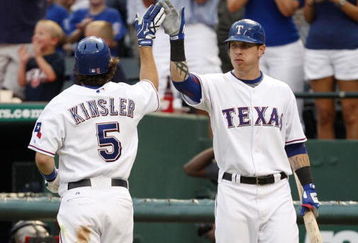 ARLINGTON, TX - JULY 22:  Ian Kinsler #5 of the Texas Rangers celebrates his home run with teammate Josh Hamilton #32, tying the game 1-1 during the third inning against the Boston Red Sox at Rangers Ballpark July 22, 2009 in Arlington, Texas.  (Photo by Ronald Martinez/Getty Images)