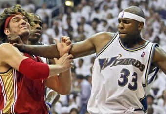 WASHINGTON - MAY 2: Brendan Haywood #33 of the Washington Wizards fights off Anderson Varejao #17 of the Cleveland Cavaliers in Game Six of the Eastern Conference Quarterfinals during the 2008 NBA Playoffs at the Verizon Center on May 2, 2008 in Washington, DC. The Cavaliers won 105-88 to advance to the next round. NOTE TO USER: User expressly acknowledges and agrees that, by downloading and or using this photograph, User is consenting to the terms and conditions of the Getty Images License Agreement. (Photo by Drew Hallowell/Getty Images)