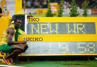 BERLIN - AUGUST 16:  Usain Bolt of Jamaica celebrates winning the gold medal in the men's 100 Metres Final during day two of the 12th IAAF World Athletics Championships at the Olympic Stadium on August 16, 2009 in Berlin, Germany. Bolt set a new World Record of 9.58.  (Photo by Andy Lyons/Getty Images)