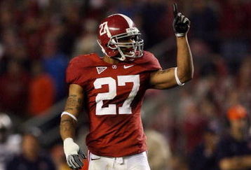 TUSCALOOSA, AL - NOVEMBER 29:  Defensive back Justin Woodall #27 of the Alabama Crimson Tide celebrates after making a stop in the fourth quarter against the Auburn Tigers at Bryant-Denny Stadium on November 29, 2008 in Tuscaloosa, Alabama. Alabama defeated Auburn 36-0.  (Photo by Doug Benc/Getty Images)