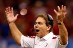 NEW ORLEANS - JANUARY 02:  Head coach Nick Saban of the Alabama Crimson Tide reacts in the third quarter while taking on the Utah Utes during the 75th Allstate Sugar Bowl at the Louisiana Superdome on January 2, 2009 in New Orleans, Louisiana.  (Photo by Chris Graythen/Getty Images)