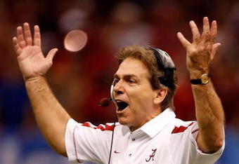 NEW ORLEANS - JANUARY 02:  Head coach Nick Saban of the Alabama Crimson Tide reacts in the third quarter while taking on the Utah Utes during the 75th Allstate Sugar Bowl at the Louisiana Superdome on January 2, 2009 in New Orleans, Louisiana.  (Photo by Chris Graythen/Getty Images)