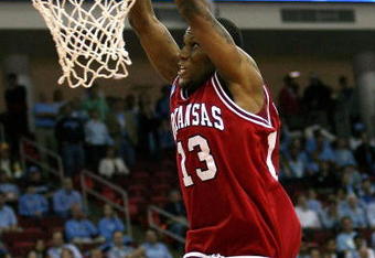 RALEIGH, NC - MARCH 23:  Sonny Weems #13 of the Arkansas Razorbacks goes up for the slam dunk against the North Carolina Tar Heels during the 2nd round of the East Regional of the 2008 NCAA Men's Basketball Tournament at RBC Center on March 23, 2008 in Raleigh, North Carolina. The Tar Heels defeated the Razorbacks 108-77. (Photo by Kevin C. Cox/Getty Images)