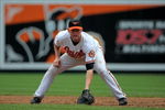 BALTIMORE - JULY 30:  First baseman Aubrey Huff #17 of the Baltimore Orioles plays defense against the Kansas City Royals during MLB action at Oriole Park at Camden Yards on July 30, 2009 in Baltimore, Maryland. The Orioles defeated the Royals 7-3.  (Photo by Doug Pensinger/Getty Images)
