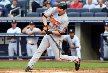 NEW YORK - JULY 20:  Aubrey Huff #17 of the Baltimore Orioles bats against the New York Yankees on July 20, 2009 at Yankee Stadium in the Bronx borough of New York City.  (Photo by Jim McIsaac/Getty Images)