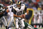EAST RUTHERFORD, NJ - AUGUST 14: Marc Bulger #10 of the St. Louis Rams is sacked against the New York Jets during their preseason game at Giants Stadium on August 14, 2009  in East Rutherford, New Jersey.  (Photo by Nick Laham/Getty Images)