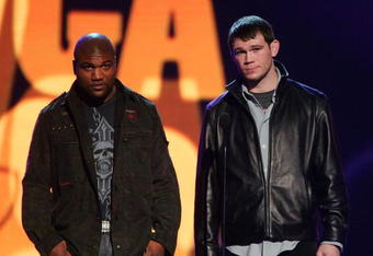 LAS VEGAS - DECEMBER 07:  UFC light heavyweight champion Quinton ?Rampage? Jackson (L) and mixed martial arts fighter Forrest Griffin speak at Spike TV's 2007 'Video Game Awards' at the Mandalay Bay Events Center on December 7, 2007 in Las Vegas, Nevada.  (Photo by Ethan Miller/Getty Images)