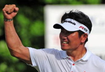 CHASKA, MN - AUGUST 16:  Y.E. Yang of South Korea celebrates after holing out for eagle on the 14th hole during the final round of the 91st PGA Championship at Hazeltine National Golf Club on August 16, 2009 in Chaska, Minnesota.  (Photo by Stuart Franklin/Getty Images)
