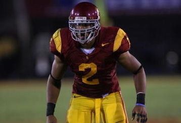 LOS ANGELES - SEPTEMBER 1:  Taylor Mays #2 of the USC Trojans lines up against the University of Idaho Vandals on September 1, 2007 at the Los Angeles Memorial Coliseum in Los Angeles, California.  USC won 38-10.  (Photo by Jeff Golden/Getty Images)