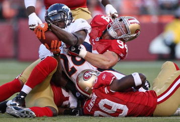 SAN FRANCISCO - AUGUST 14:  Running back Correll Buckhalter #28 of the Denver Broncos is tackled by Justin Smith #94 of the San Francisco 49ers during the preseason game on August 14, 2009 at Candlestick Park in San Francisco, California. (Photo by Jed Jacobsohn/Getty Images)