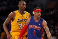 LOS ANGELES, CA - NOVEMBER 14:  Kobe Bryant #24 of the Los Angeles Lakers and Allen Iverson #1 of the Detroit Pistons get set for play on November 14, 2008 at Staples Center in Los Angeles, California. The Pistons won 106-95.   NOTE TO USER: User expressly acknowledges and agrees that, by downloading and/or using this Photograph, user is consenting to the terms and conditions of the Getty Images License Agreement.  (Photo by Stephen Dunn/Getty Images)